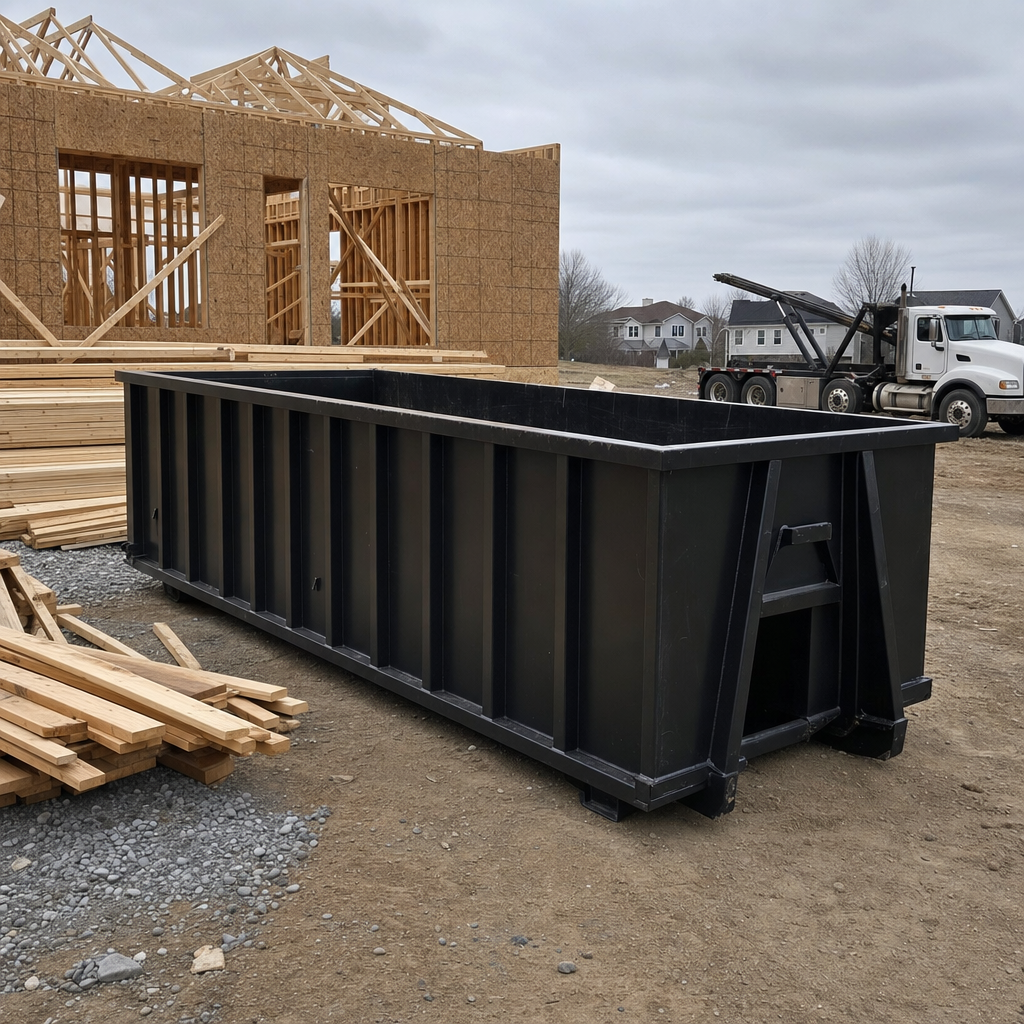 Matte-black 40-yard roll-off dumpster staged on a framed-out residential construction site in Harlingen, framing lumber stacked nearby, hooklift delivery truck visible in the background under bright Colorado daylight