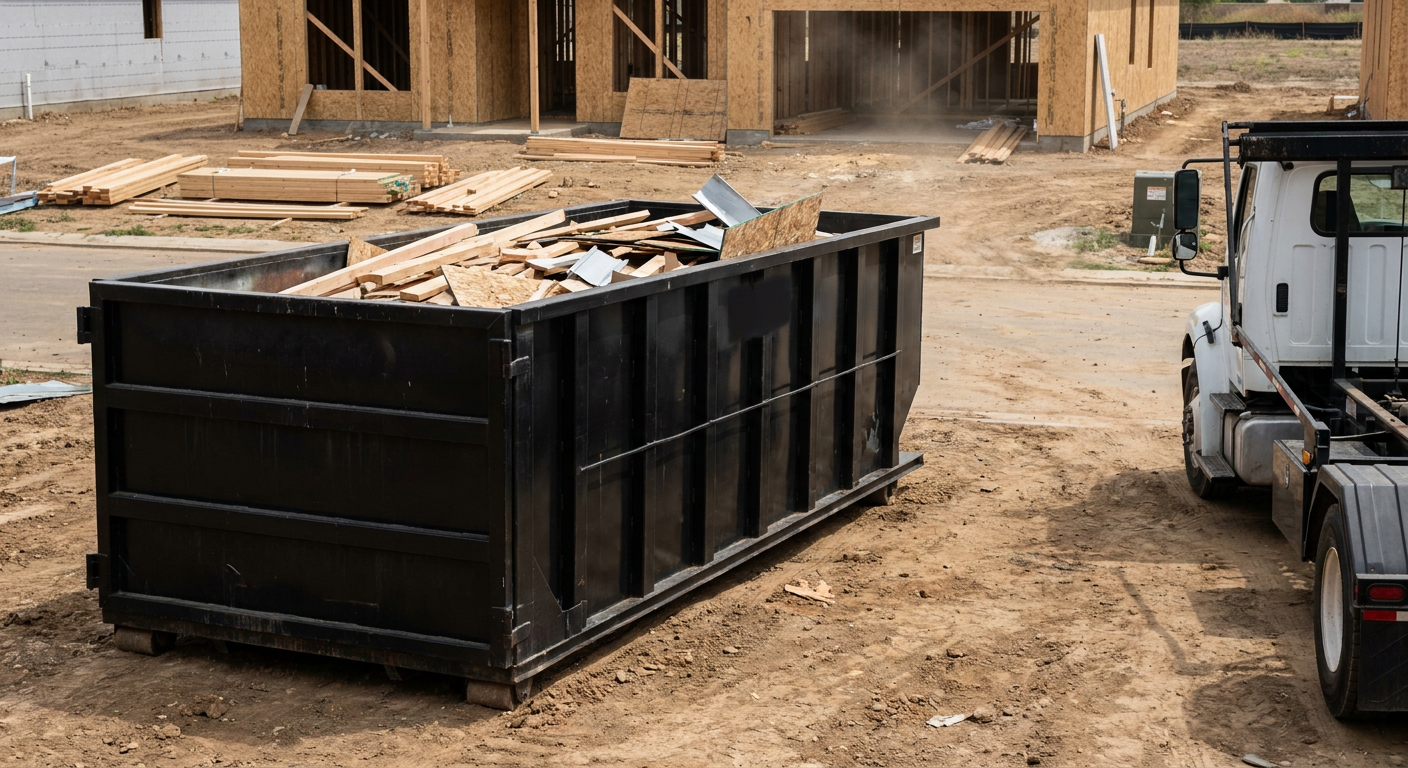Matte-black 20-yard roll-off construction dumpster with heavy ribbed steel sidewalls and swing rear doors at a working jobsite in Harlingen, sitting directly on compacted dirt with an unmarked white hauler partially visible at the far edge of the frame.