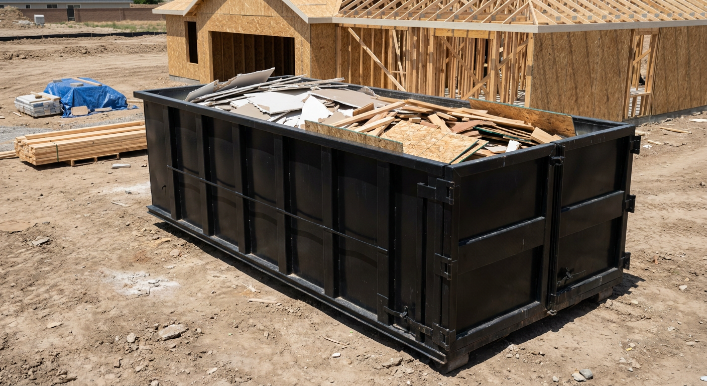 Matte-black 30-yard roll-off construction dumpster sitting directly on the compacted-dirt site of a framed single-family home build in Harlingen, drywall and lumber scrap loaded inside.