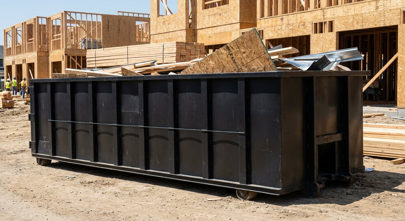 Matte-black 40-yard roll-off construction dumpster being lowered from a white-cab hooklift delivery truck onto the compacted-dirt jobsite at a commercial build site in Harlingen