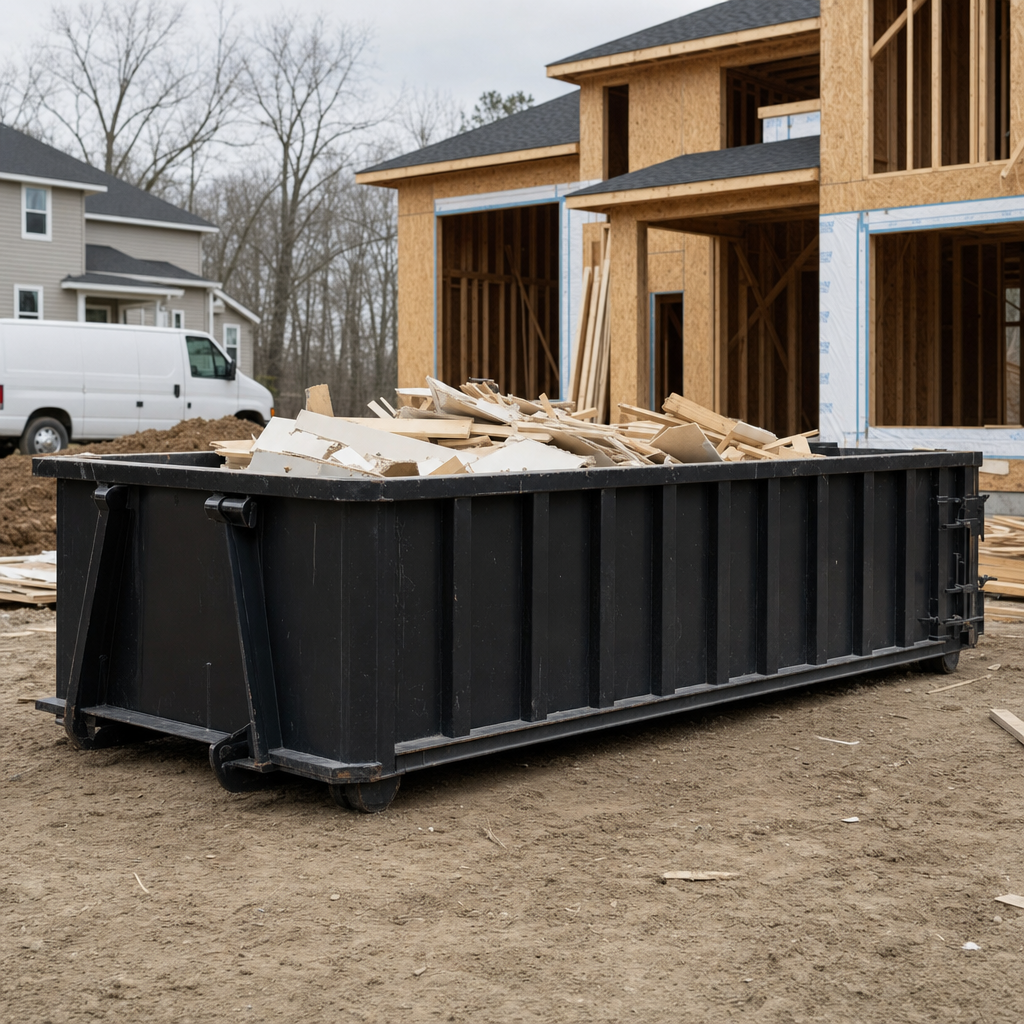 Worker in a yellow high-visibility vest tossing framing lumber and broken drywall into a matte-black 30-yard construction roll-off dumpster on an active build site in Harlingen, bright daylight