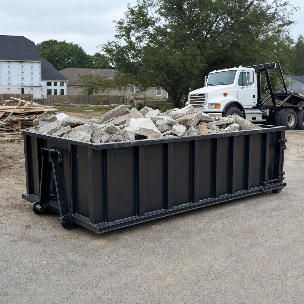 Low-profile matte-black lowboy roll-off dumpster loaded with broken concrete slab and rebar at a foundation tear-out in Harlingen, skid steer parked beside it, sunny Colorado morning