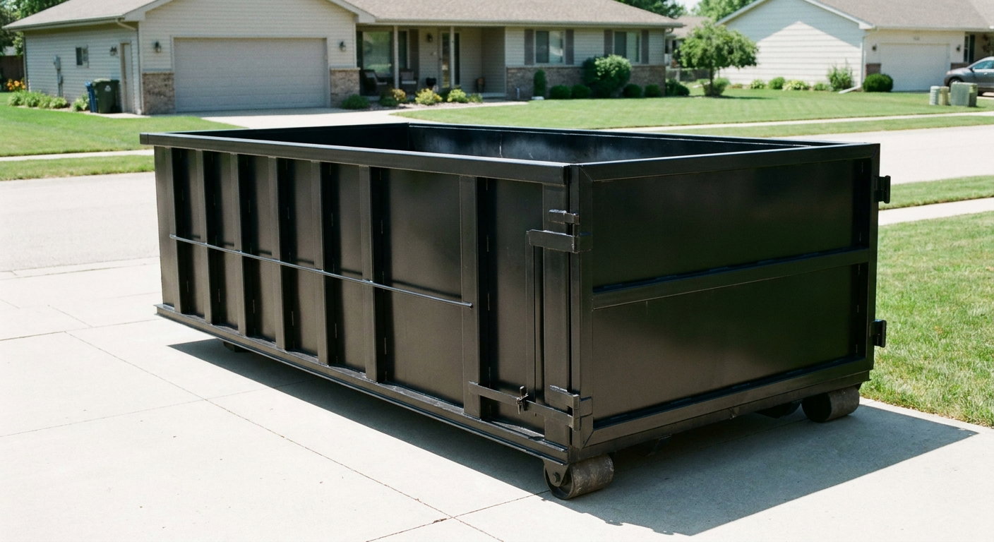 Matte-black 10-yard roll-off dumpster on a residential concrete driveway in Harlingen, uniformly painted matte black across every panel and rail, ribbed steel sidewalls and rear swing door visible, mid-day daylight.