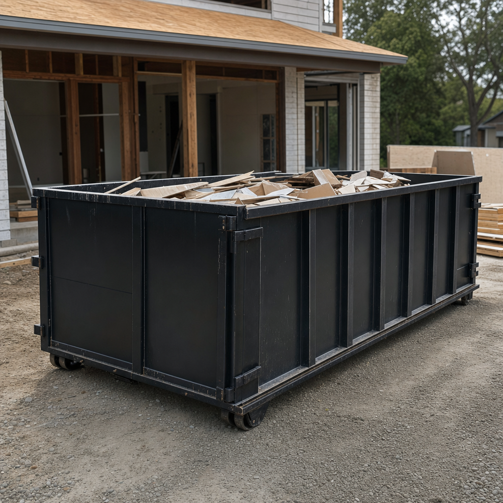 Large matte-black 30-yard construction roll-off dumpster at an active Harlingen jobsite, steel-gray top rails and bottom rollers visible, loaded with construction debris.
