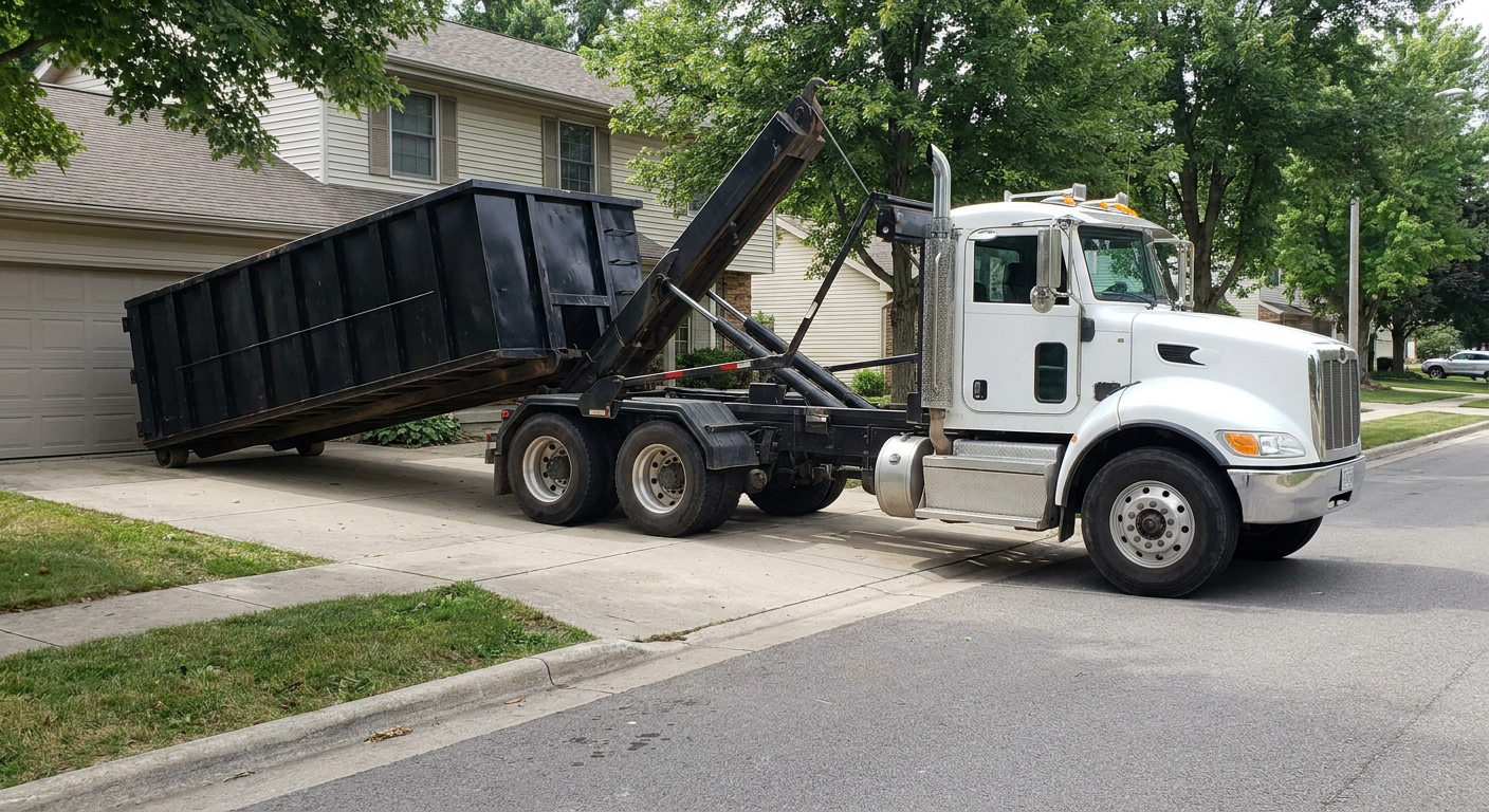 White-cab hooklift roll-off truck actively lowering a matte-black dumpster onto a Harlingen residential concrete driveway, the dumpster's rear wheels touching the driveway as the hoist arm tilts the bed forward, mid-morning daylight.