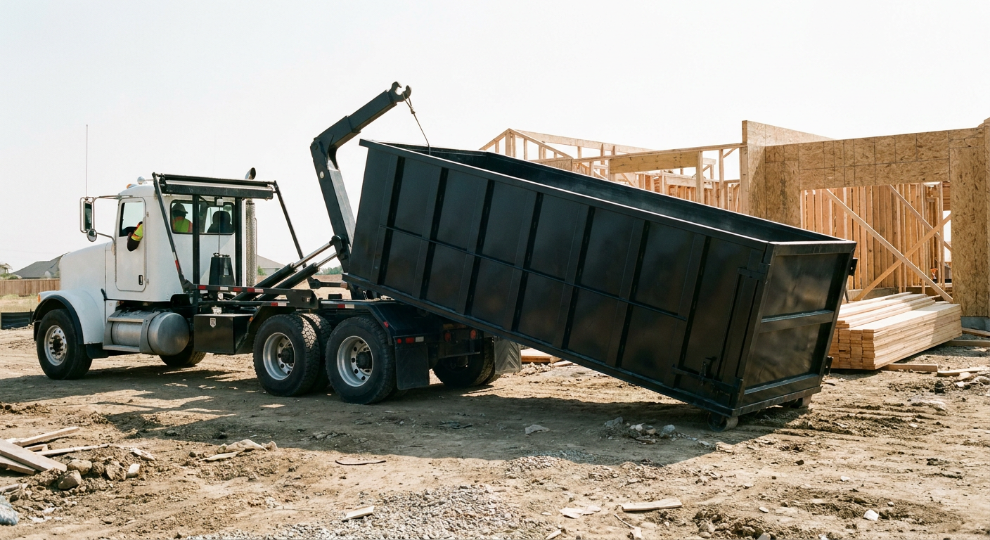 Matte-black roll-off dumpster being delivered onto a clean residential concrete driveway in Harlingen by an unmarked white hooklift hauler truck, bright morning daylight, documentary 35mm perspective.