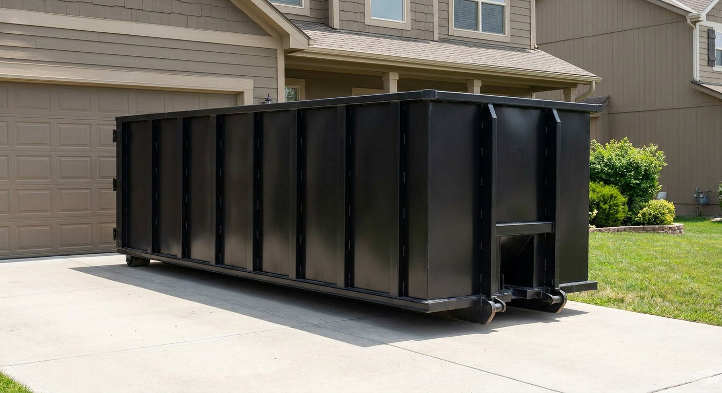 Matte-black residential roll-off dumpster sitting directly on a suburban Harlingen concrete driveway, garage door closed, single-family home in background, bright morning daylight.