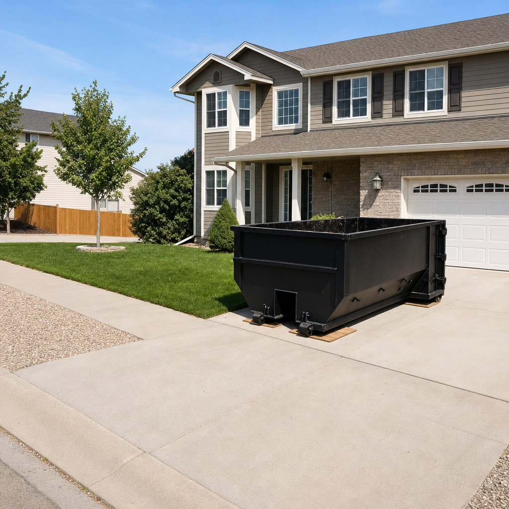 10-yard matte-black residential dumpster placed directly on a narrow Harlingen concrete driveway, room remains for a parked sedan beside it, mid-morning natural light