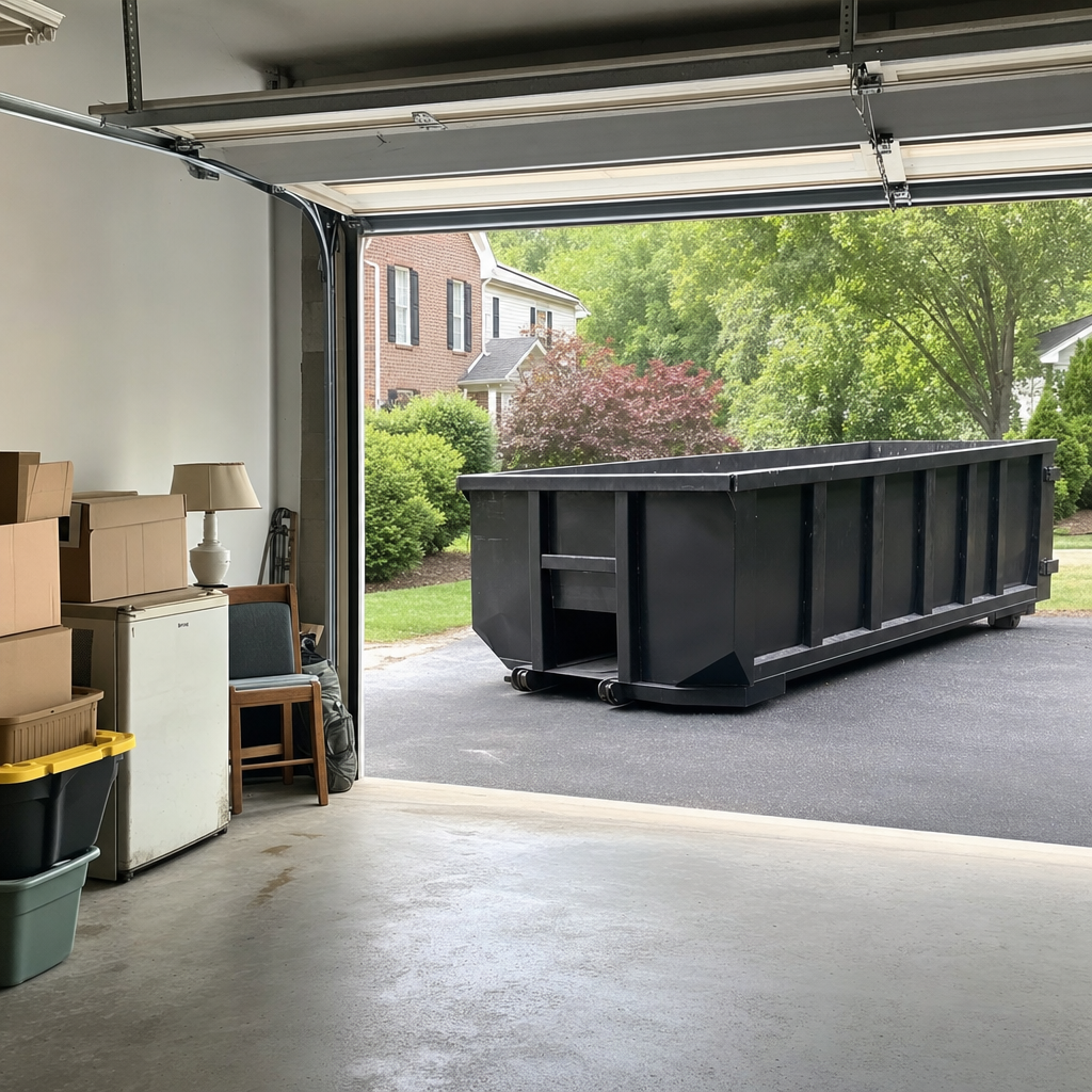 Open garage interior in a Harlingen home mid-cleanout — boxed items, an old appliance, and stacked yard tools queued near the driveway for a matte-black roll-off dumpster, organized and calm