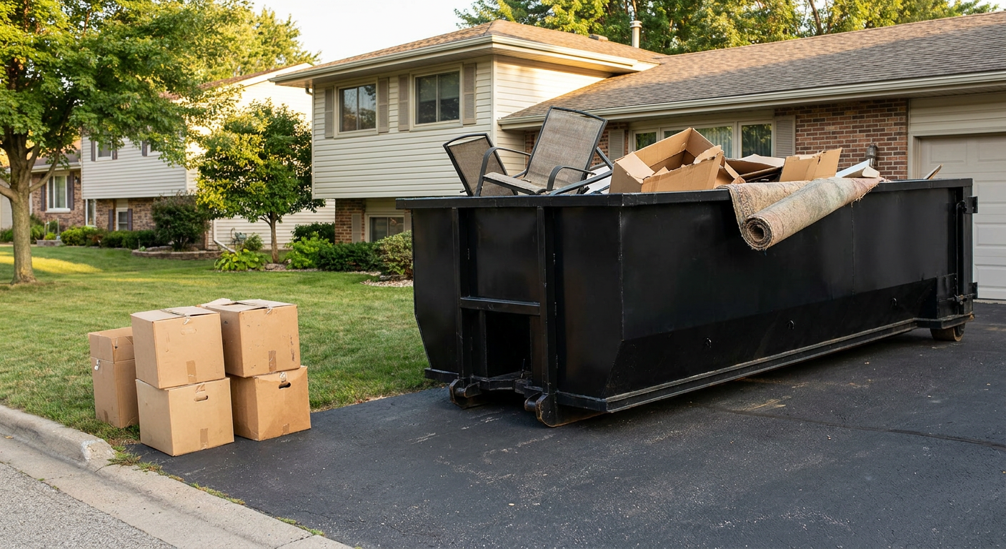 Front-yard view of a Harlingen split-level home with a 20-yard matte-black roll-off dumpster sitting directly on the asphalt driveway, a few clearly labeled donation boxes staged at the curb, calm sunny afternoon.