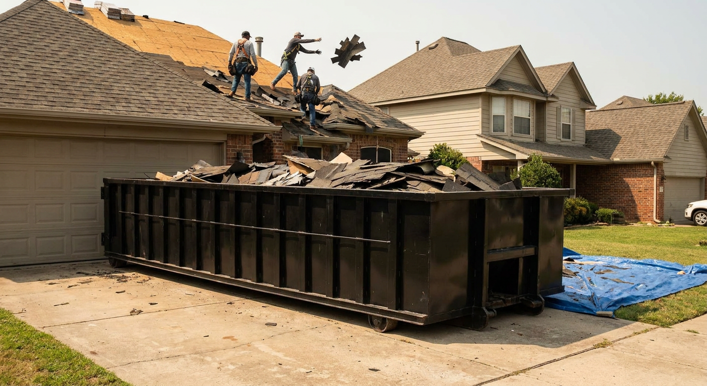Matte-black roofing roll-off dumpster placed directly on a Harlingen residential concrete driveway, a tear-off crew on a two-story asphalt-shingle roof tossing shingle bundles into the low-walled container, bright daylight, documentary 35mm perspective.