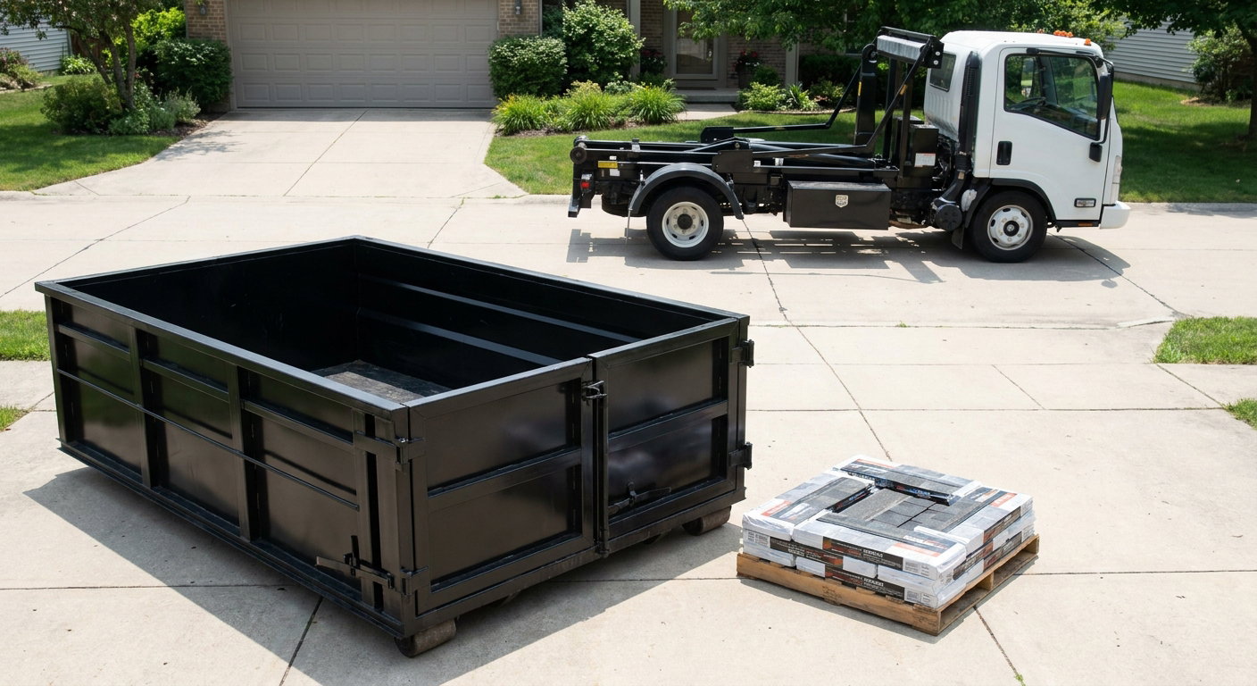 Matte-black 15-yard roofing roll-off dumpster with reinforced low side walls sitting directly on a Harlingen residential concrete driveway, three-tab asphalt shingle bundles stacked nearby, an unmarked white hauler truck partially visible at the edge of the frame.