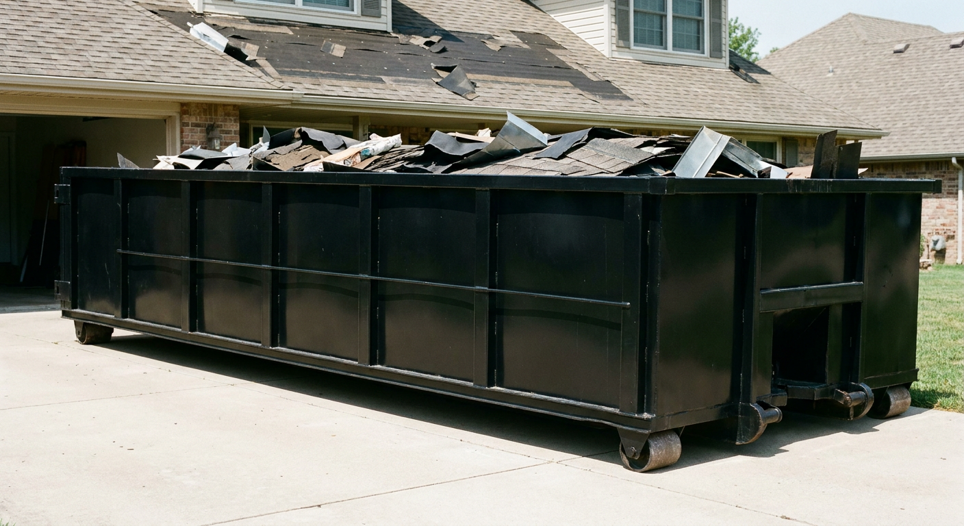 Matte-black 20-yard roofing roll-off dumpster with steel ribbed sides and swinging rear door, sitting directly on the concrete driveway of a two-story Harlingen home, asphalt shingle debris being loaded over the low wall, clean documentary lighting.