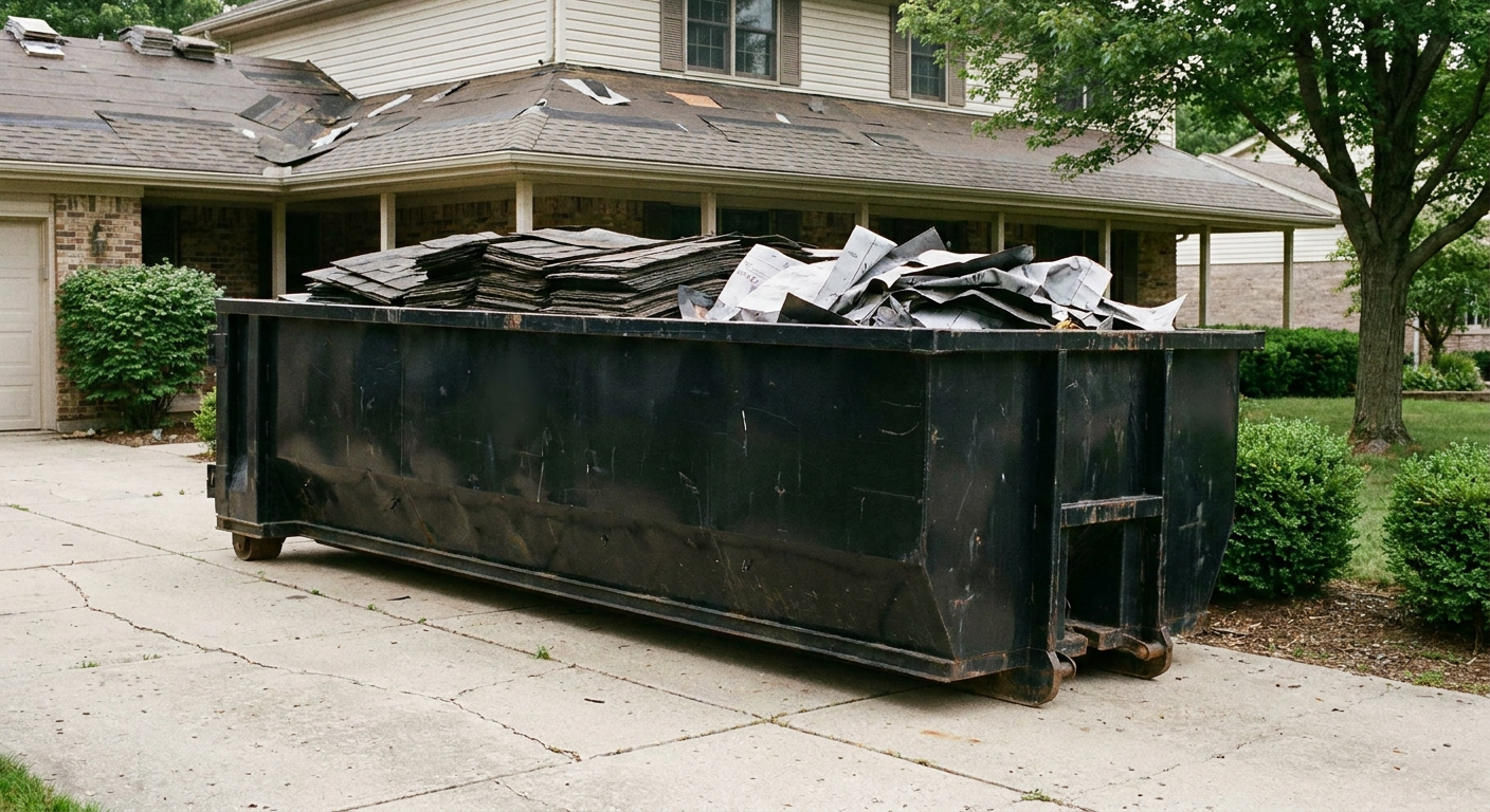 Matte-black 30-yard roofing roll-off dumpster sitting directly on a Harlingen concrete driveway, taller ribbed steel side panels, mixed tear-off debris of asphalt shingles and underlayment inside, professional documentary daylight.