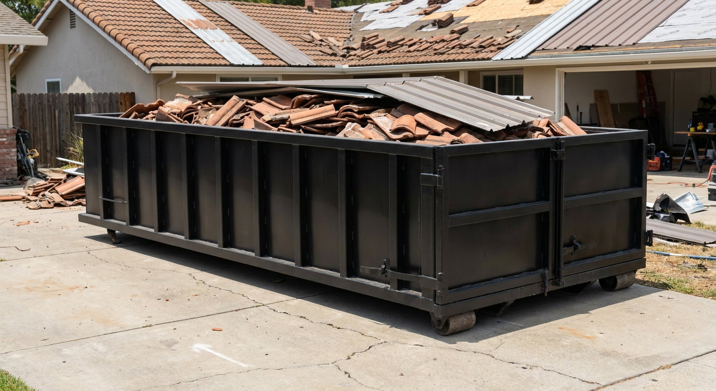 Matte-black low-wall heavy-debris roofing roll-off dumpster sitting directly on a Harlingen concrete driveway, broken concrete clay roof tiles and metal panel sections loaded inside, reinforced ribbed steel side walls visible, bright outdoor daylight.