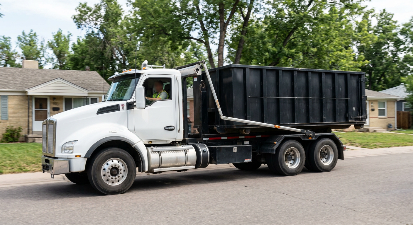 A wide documentary shot of a matte-black roll-off delivery truck pulling onto a quiet Harlingen residential street at mid-morning, with neighborhood rooftops and tree-lined blocks visible behind, showing the metro coverage footprint.