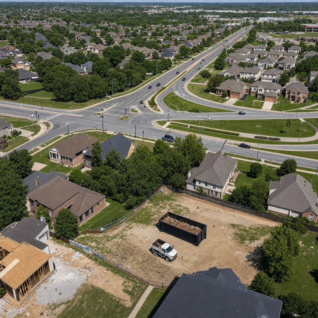 An overhead documentary view of the Harlingen metro area at midday, showing the spread of neighborhoods, arterial roads, and the dispatch radius from a central yard — clean daylight, organized geographic layout.