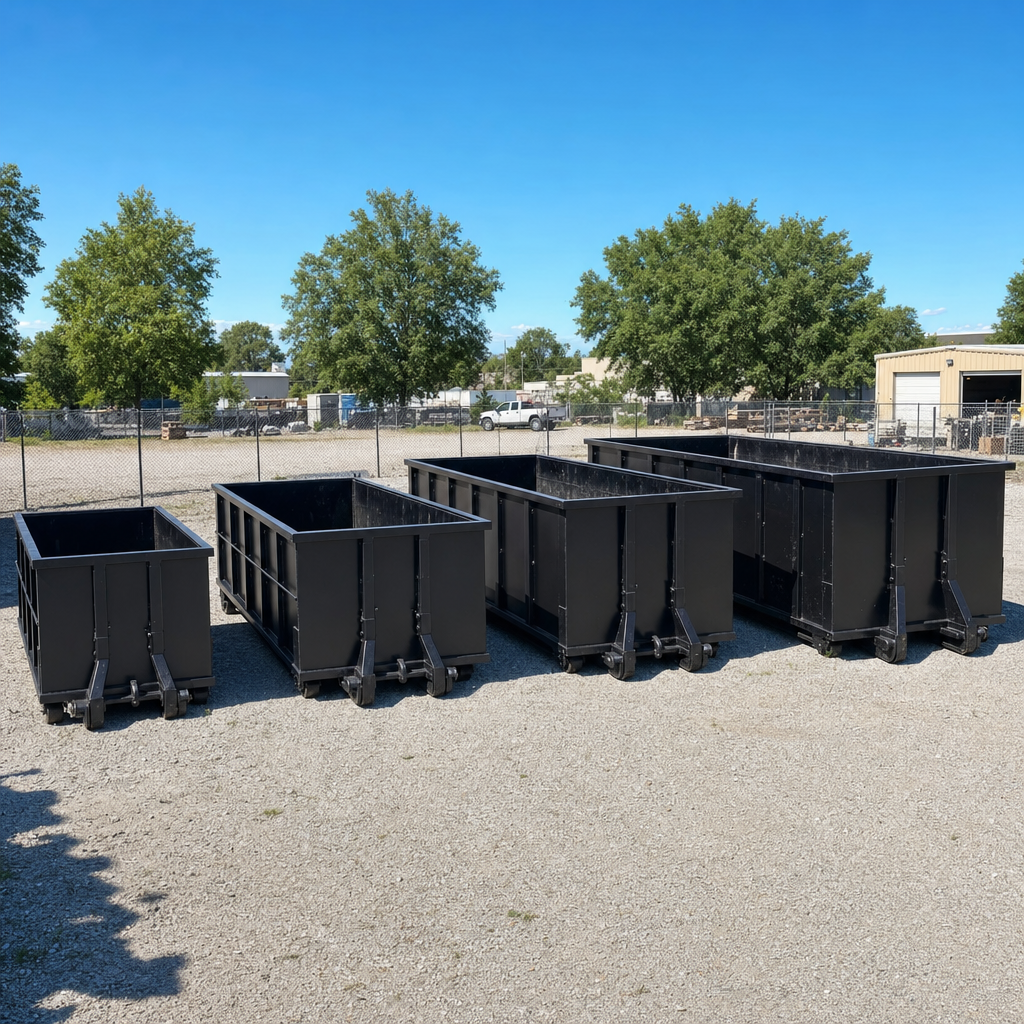 A clean lineup of matte-black roll-off dumpsters in 10, 20, 30, and 40-yard sizes staged on a sunlit gravel yard in Harlingen, showing the size progression from compact to commercial-scale containers.