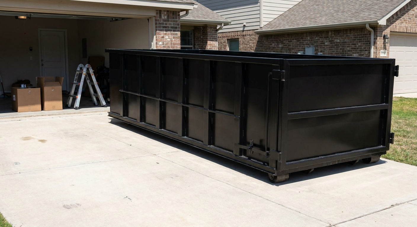A matte-black 10-yard roll-off dumpster sitting directly on a residential Harlingen concrete driveway, mid-day sunlight, clean and ready for a garage cleanout.