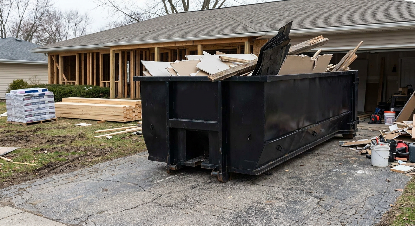 A matte-black 20-yard roll-off dumpster placed alongside a mid-renovation Harlingen home directly on the asphalt driveway, with framing materials and torn-off shingles staged neatly nearby.