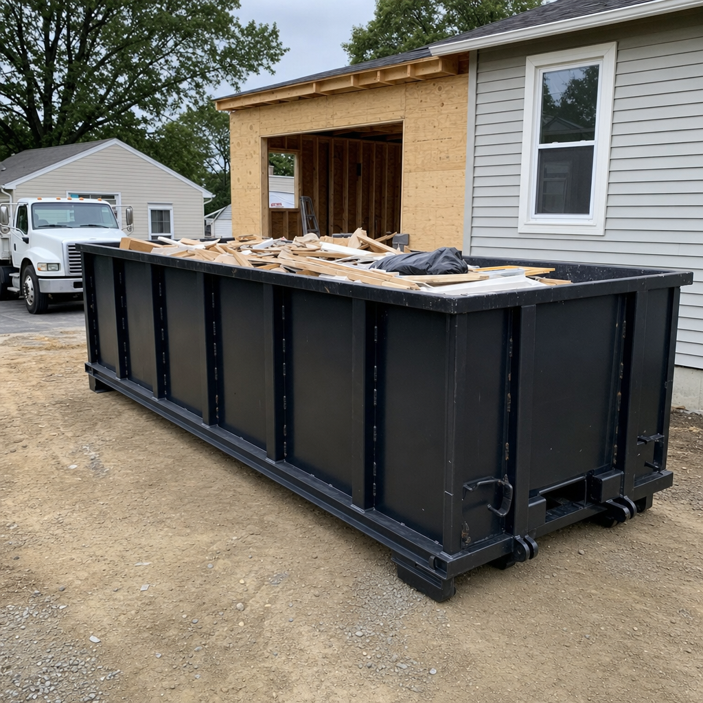 A matte-black 30-yard roll-off dumpster positioned at a Harlingen residential addition jobsite, with framing lumber and drywall scraps loaded through the open swinging rear doors.