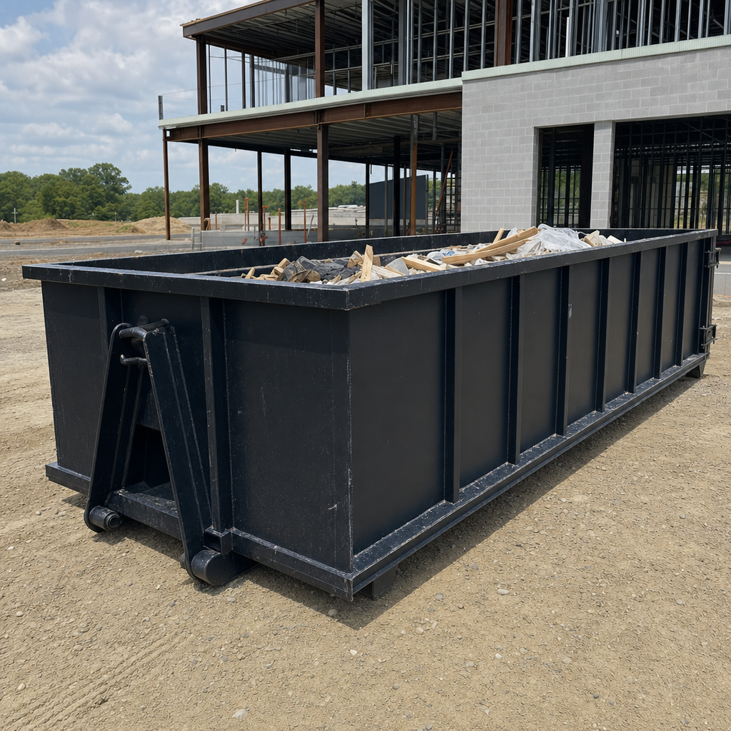A matte-black 40-yard roll-off dumpster staged on a large Harlingen commercial construction lot, with a hooklift delivery truck parked alongside under bright midday sky.