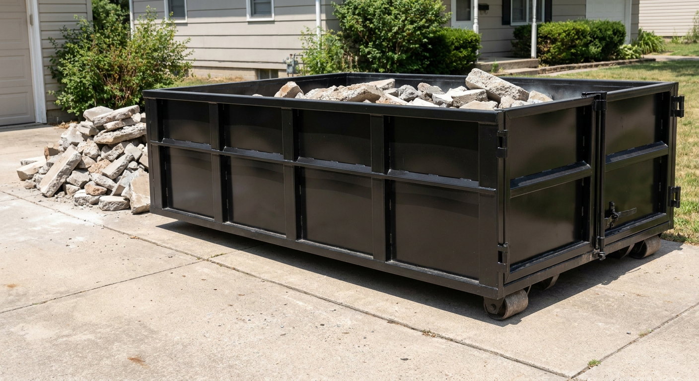 A matte-black low-side heavy-debris roll-off dumpster placed directly on a Harlingen concrete driveway, with broken concrete chunks neatly stacked beside it under clean daylight.